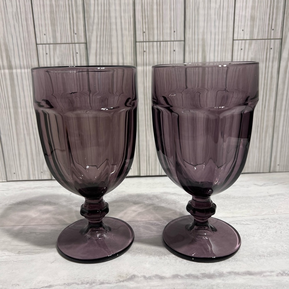 Pair of Vintage Libbey Amethyst Purple "Antique" Water Goblets 6 7/8" Paneled